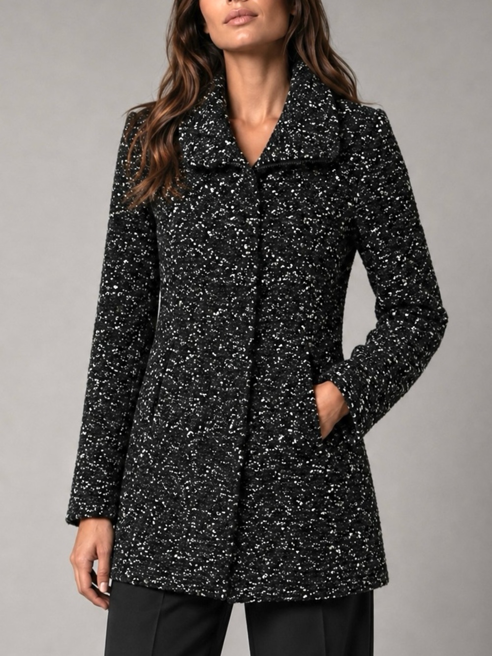 LOFT Black Nubby Boucle Tweed Coat Women Size Small Zip Front A-Line Long Jacket